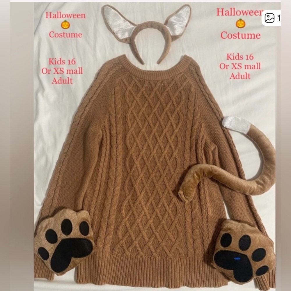 Brown Cozy Cat Costume Sweater with Paw Mittens and Tail Halloween Costume